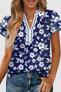 Blue Floral Contrast Trim Blouse RTS