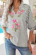 Blue Stripe Floral Embroidered Blouse RTS