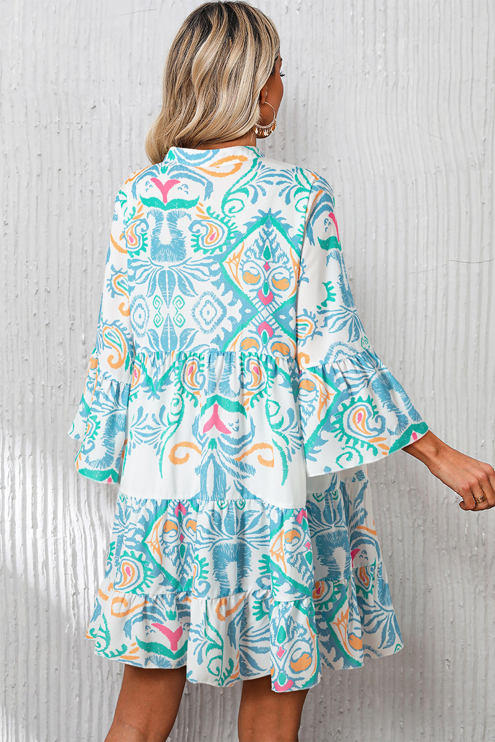 White Printed Tribal Bracelet Sleeve Buttoned Mini Dress